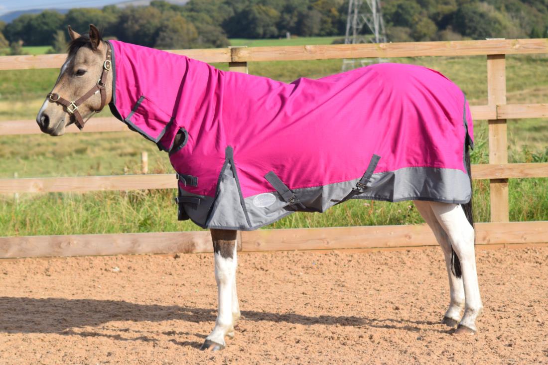 600D Mediumweight Waterproof Horse Turnout Rug 50g Fill Combo Full Neck Raspberry/Dark Grey