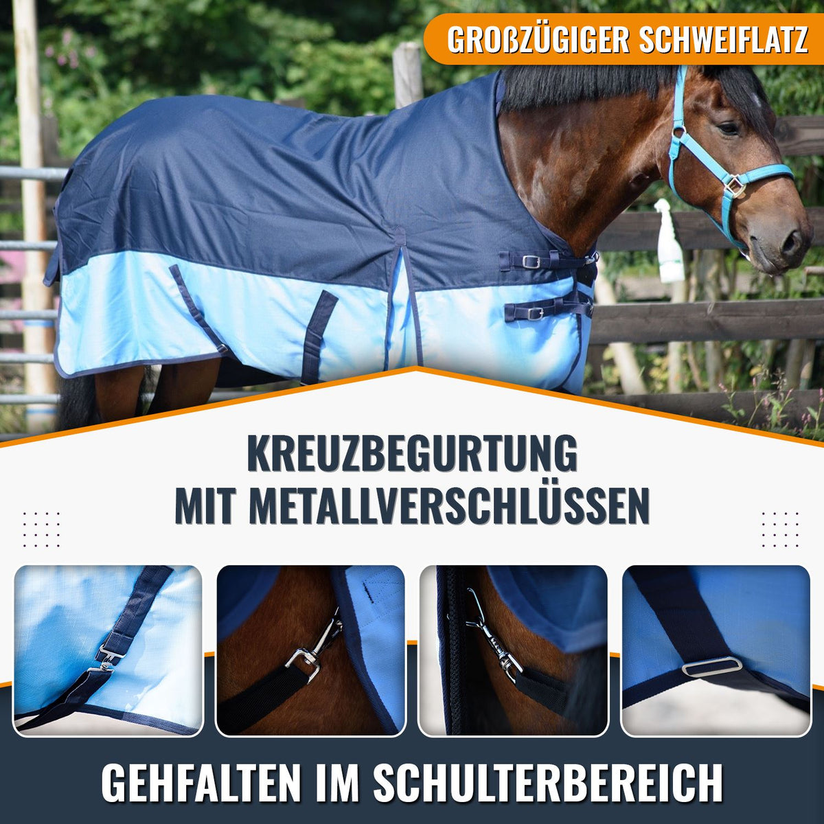1200D Leichte wasserdichte Pferde-Weidedecke, 0g, ohne Füllung, Half Neck, Marineblau/Hellblau