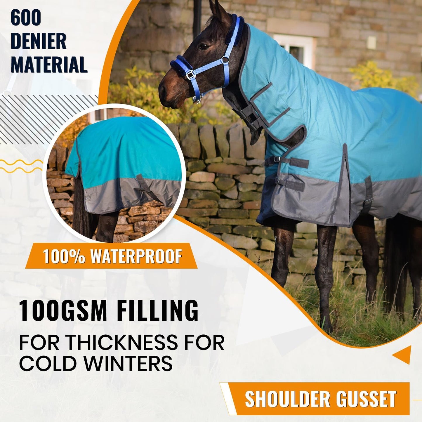 600D Mediumweight Waterproof Horse Turnout Rug 100g Fill Combo Full Neck Aqua/Dark Grey