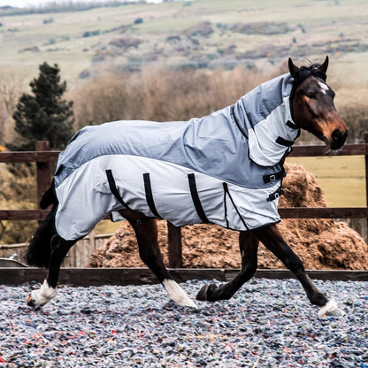 600D 2 in 1 Lightweight Waterproof Fly Turnout Mesh Horse Rug Fixed Neck Grey/Silver