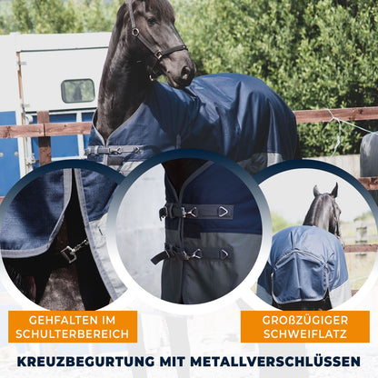 1200D Mediumweight Wasserdichte Pferdedecke 100g Füllung Standardhals Marine/Grau