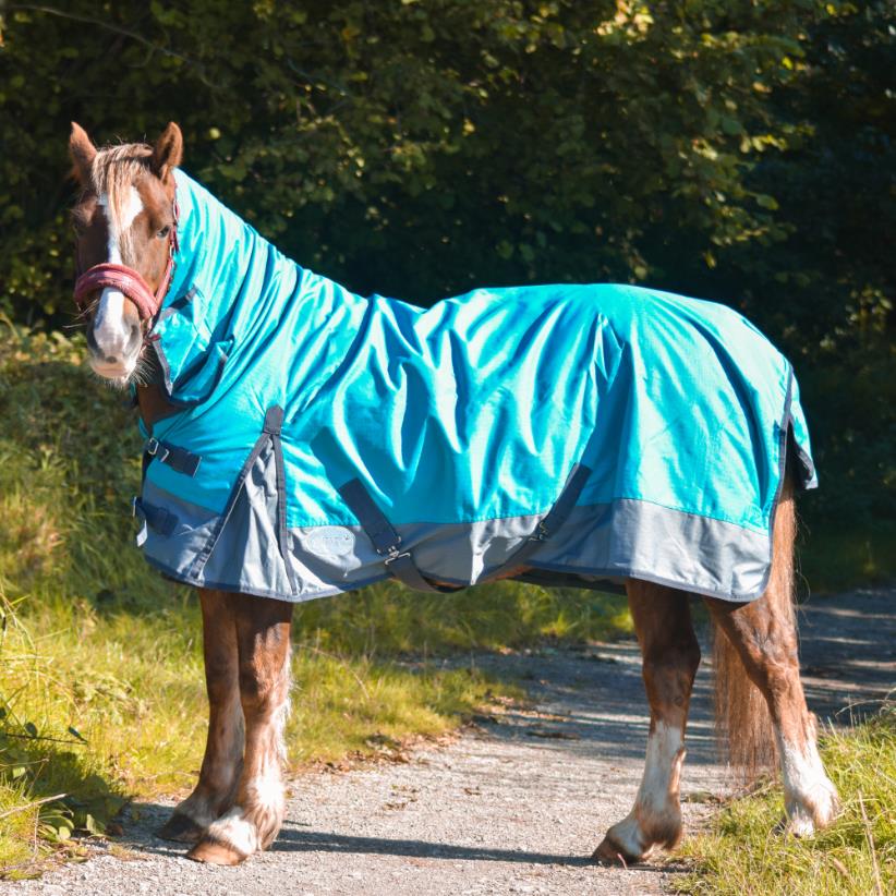 600D Lightweight Turnout Horse Rug Water Resistant Combo Neck Aqua/Grey 5'3-6'9