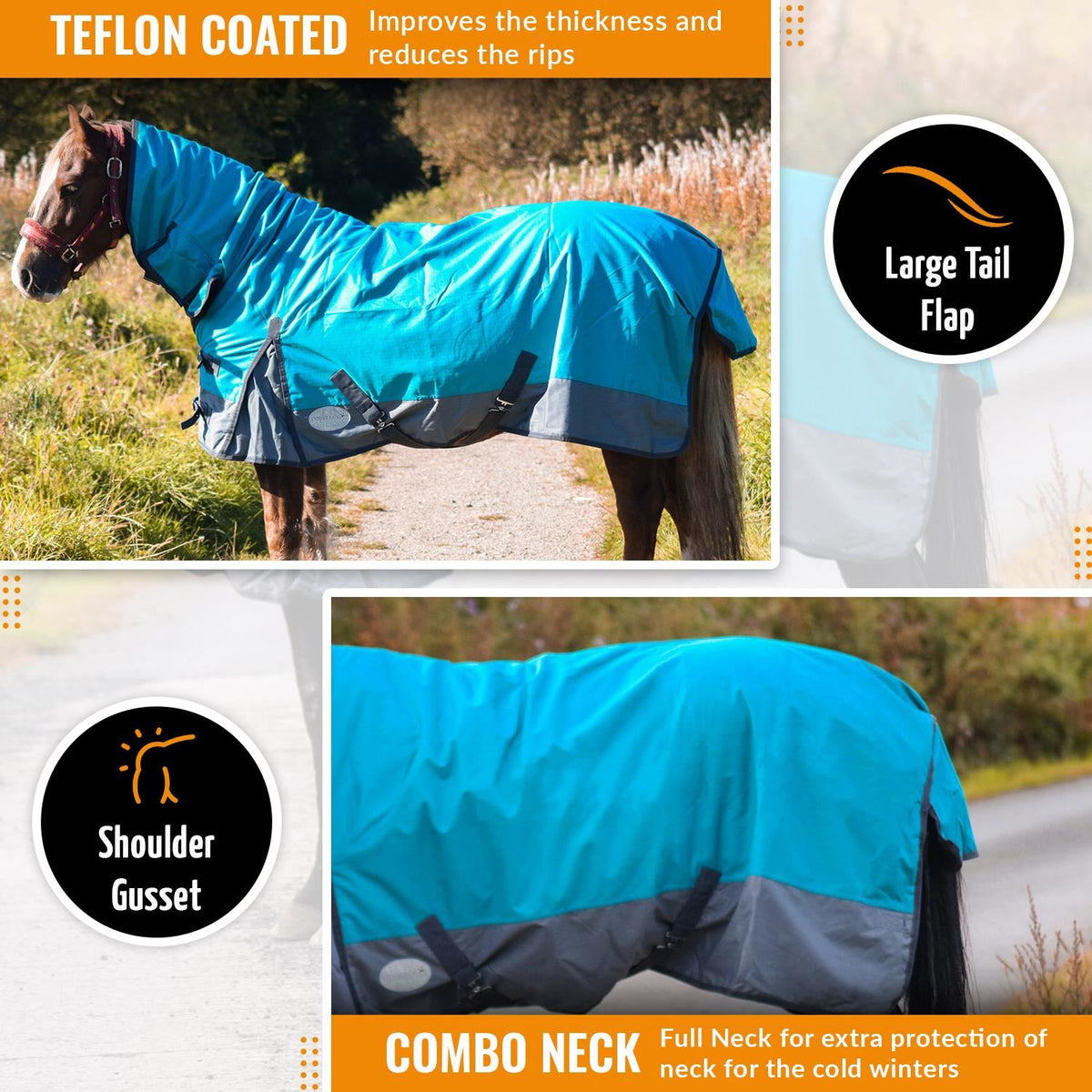 1200D Lightweight Waterproof Horse Turnout Rug 0g No Fill Combo Full Neck Aqua/Dark Grey