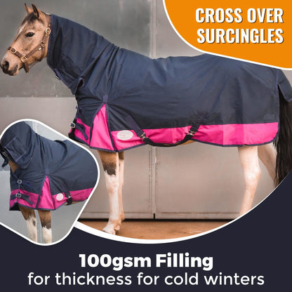 600D Mediumweight Waterproof Horse Turnout Rug 100g Fill Combo Full Neck Navy/Raspberry