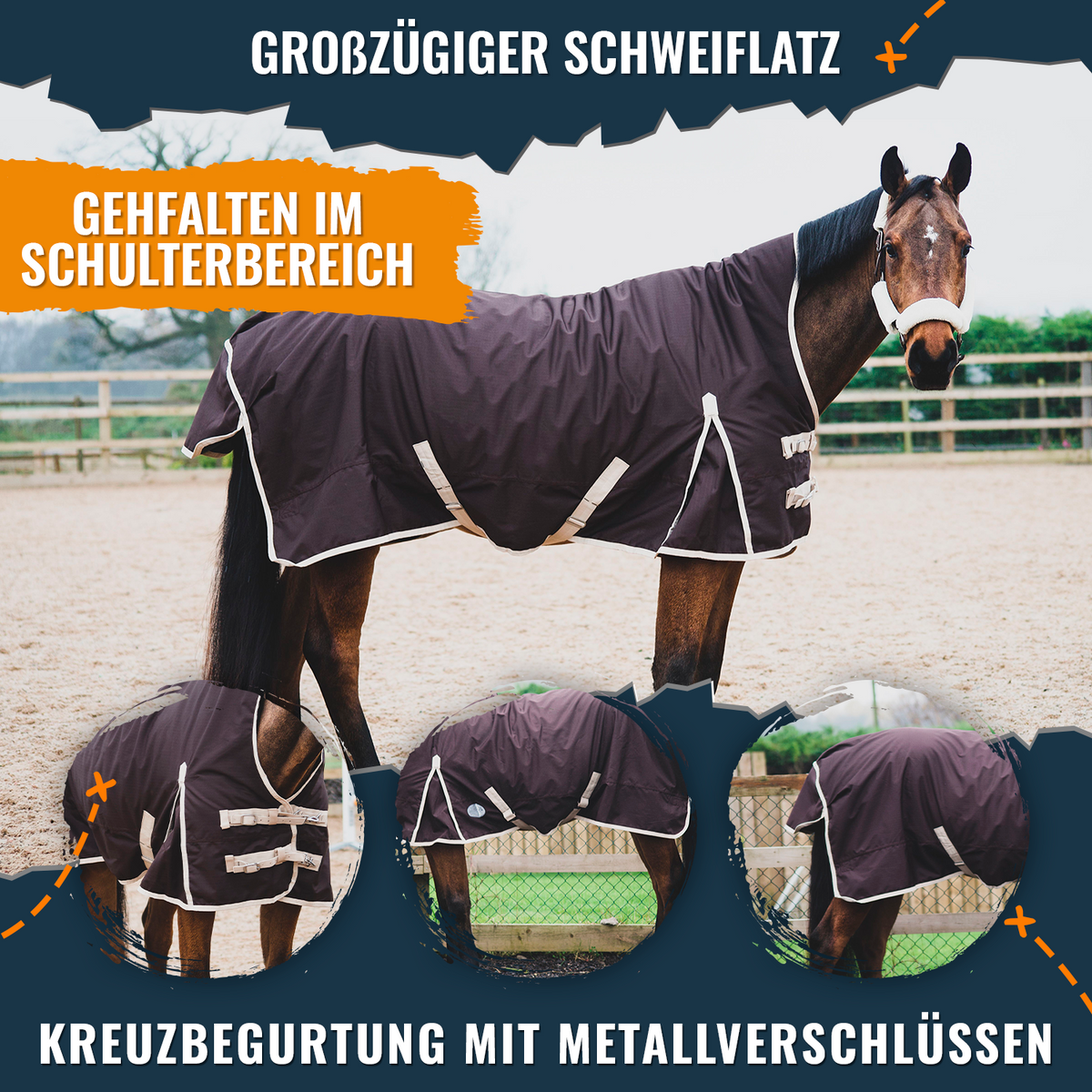 600D Mediumweight Waterproof Horse Turnout Rug 100g Fill Half Neck Brown