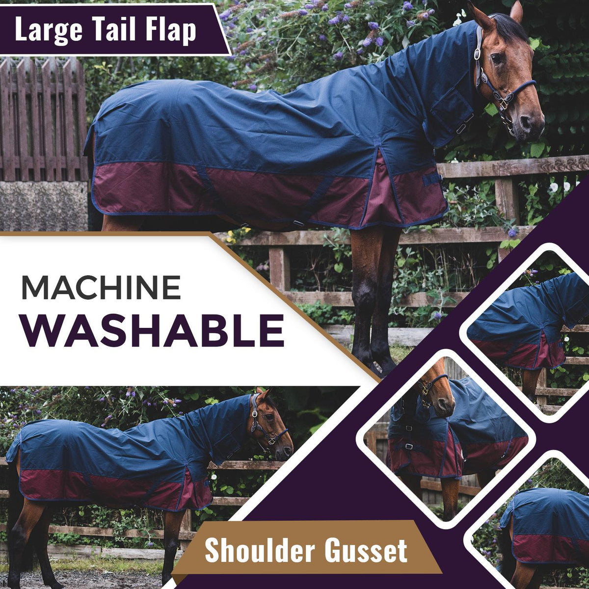 600D Lightweight Waterproof Horse Turnout Rug 0g No Fill Combo Full Neck Navy/Burgundy
