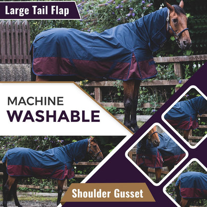 600D Lightweight Waterproof Horse Turnout Rug 0g No Fill Combo Full Neck Navy/Burgundy
