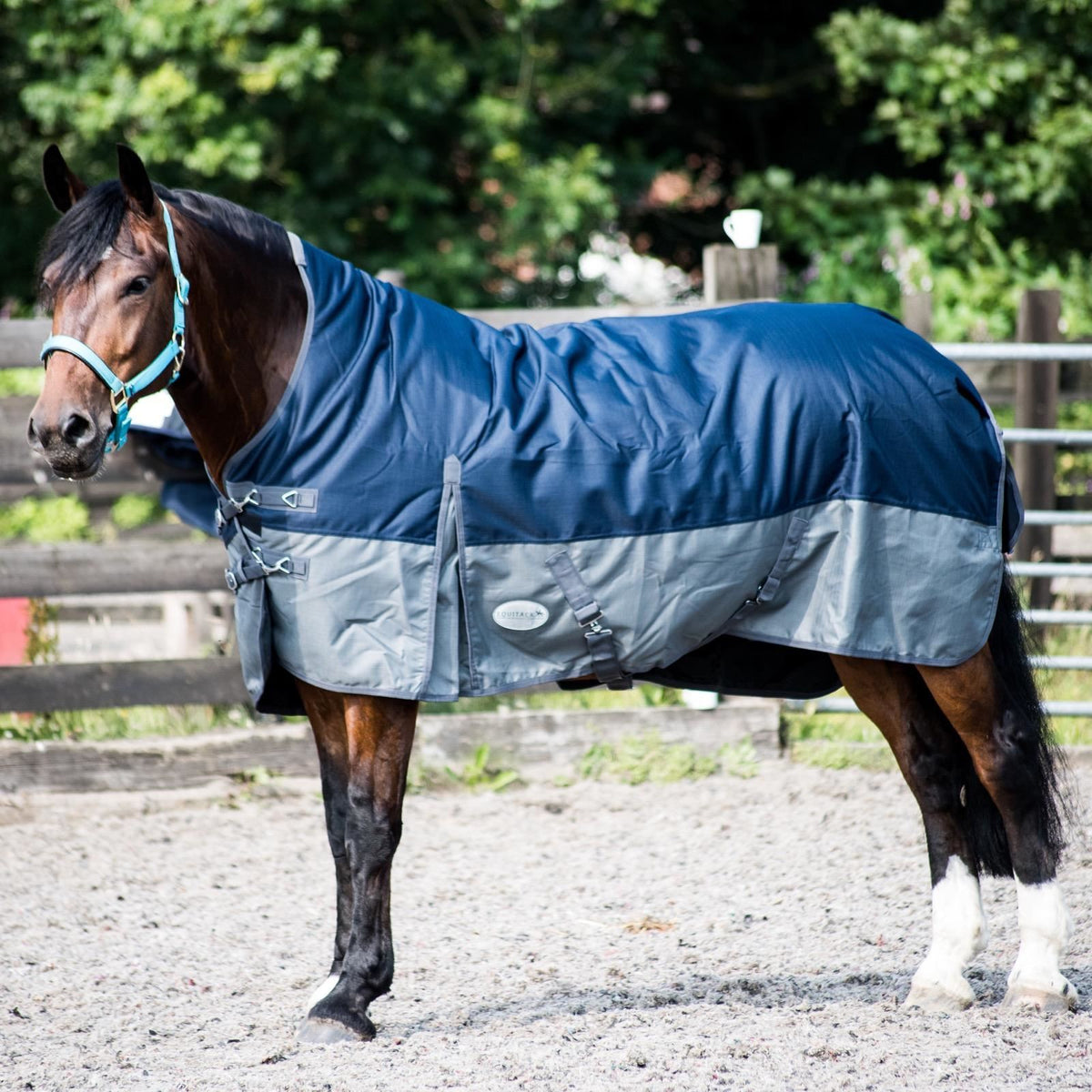 600D Leichte wasserdichte Pferde-Outdoordecke 0g Ohne Füllung Halber Hals Fleecefutter Navy/Grau