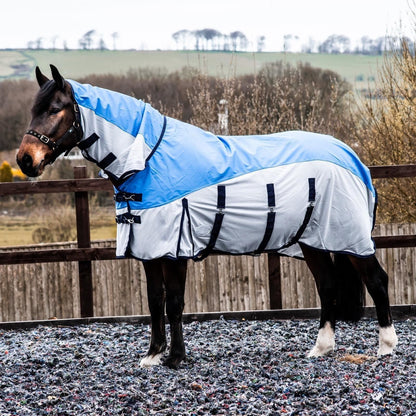 600D 2 in 1 Lightweight Waterproof Fly Turnout Mesh Horse Rug Fixed Neck Blue/Grey