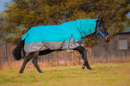 600D Mediumweight Waterproof Horse Turnout Rug 100g Fill Combo Full Neck Aqua/Dark Grey