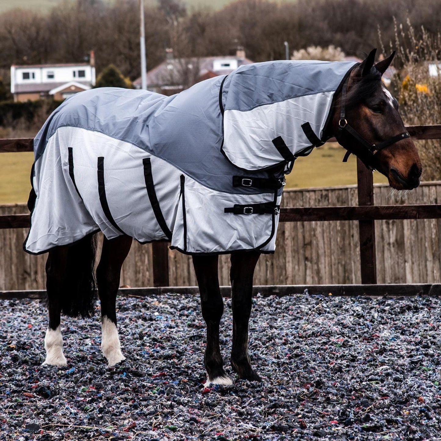 600D 2 in 1 Lightweight Waterproof Fly Turnout Mesh Horse Rug Fixed Neck Grey/Silver