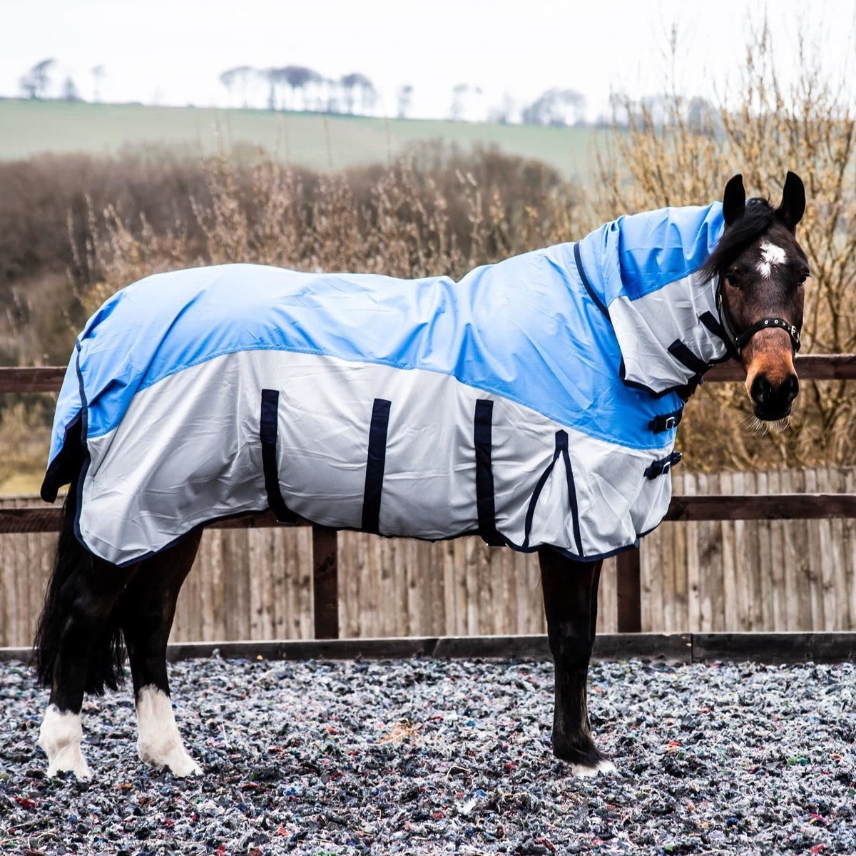 600D 2 in 1 Lightweight Waterproof Fly Turnout Mesh Horse Rug Fixed Neck Blue/Grey