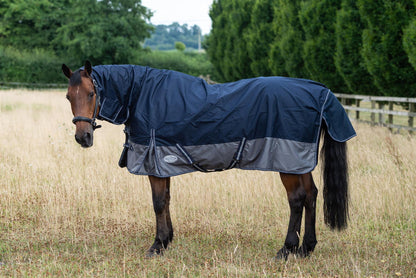 600D Mediumweight Waterproof Horse Turnout Rug 100g Fill Combo Full Neck Navy/Grey