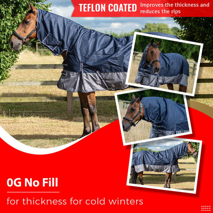 600D Lightweight Waterproof Horse Turnout Rug 0g No Fill Combo Full Neck Navy/Grey