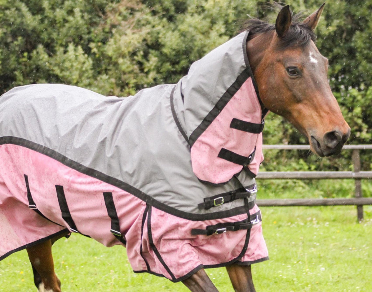 600D 2 in 1 Lightweight Waterproof Fly Turnout Mesh Horse Rug Fixed Neck Grey/Raspberry