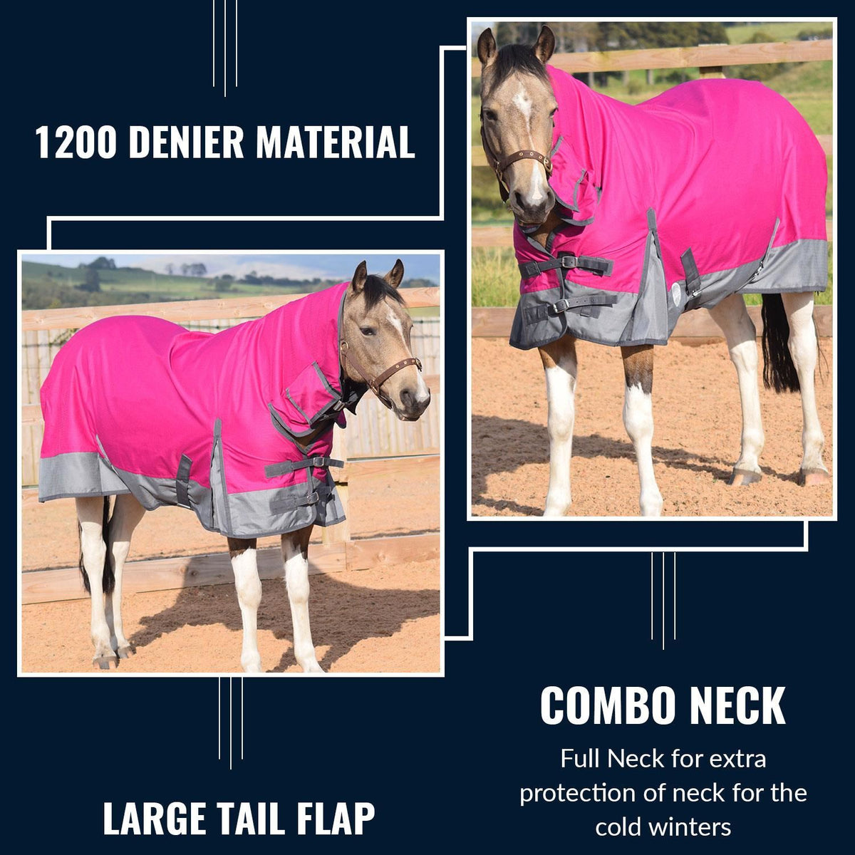 1200D Lightweight Waterproof Horse Turnout Rug 0g No Fill Combo Full Neck Raspberry/Grey
