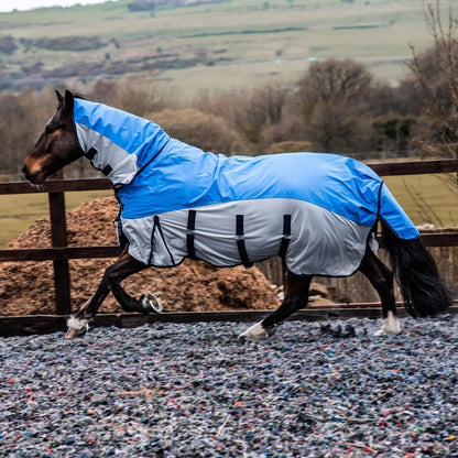 600D 2 in 1 Lightweight Waterproof Fly Turnout Mesh Horse Rug Fixed Neck Blue/Grey