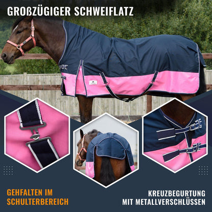 1200D Mediumweight Waterproof Horse Turnout Rug 100g Fill Half Neck Navy/Pink