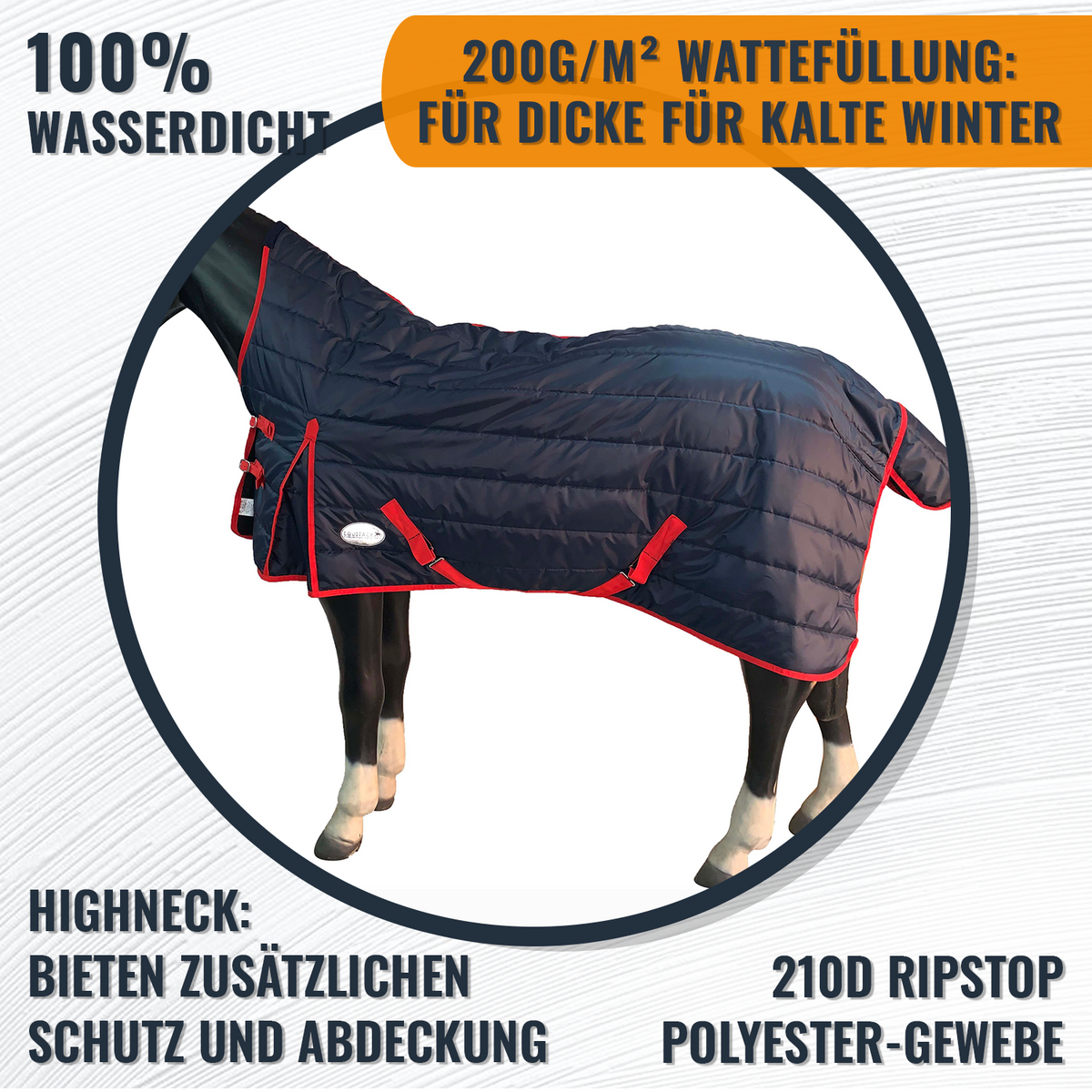 210D Mediumweight Waterproof Horse Stable Rug 200g Fill Half Neck Navy