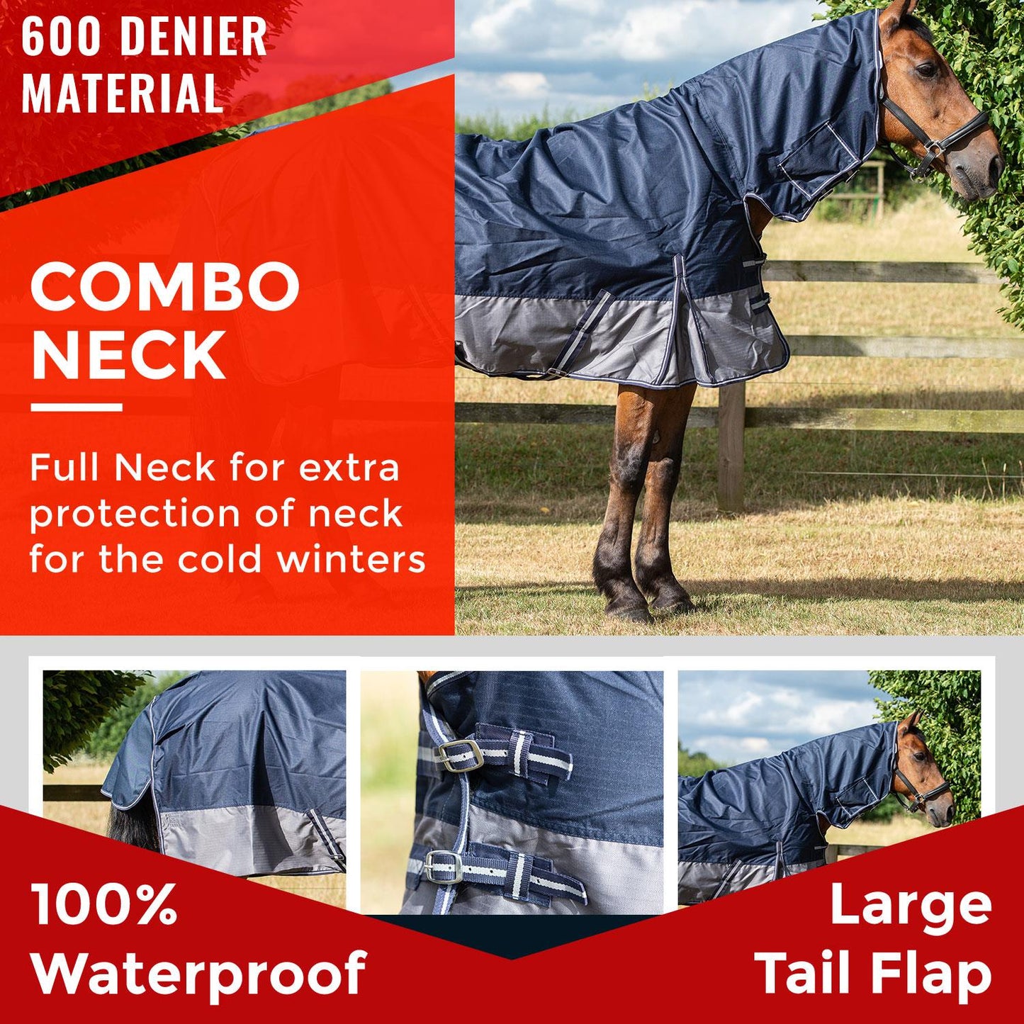 600D Lightweight Waterproof Horse Turnout Rug 0g No Fill Combo Full Neck Navy/Grey
