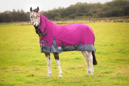 600D Mediumweight Waterproof Horse Turnout Rug 100g Fill Combo Full Neck Raspberry/Grey