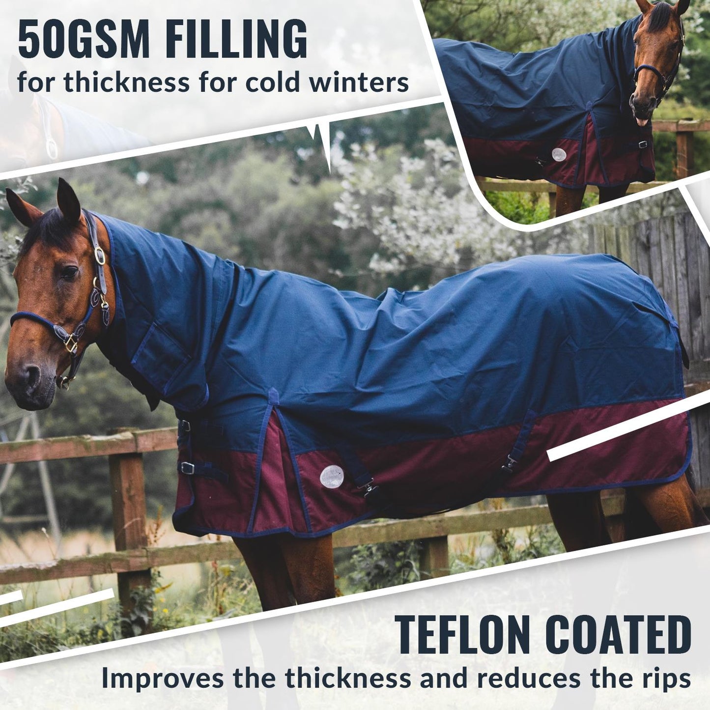 600D Mediumweight Waterproof Horse Turnout Rug 50g Fill Combo Full Neck Navy/Burgundy
