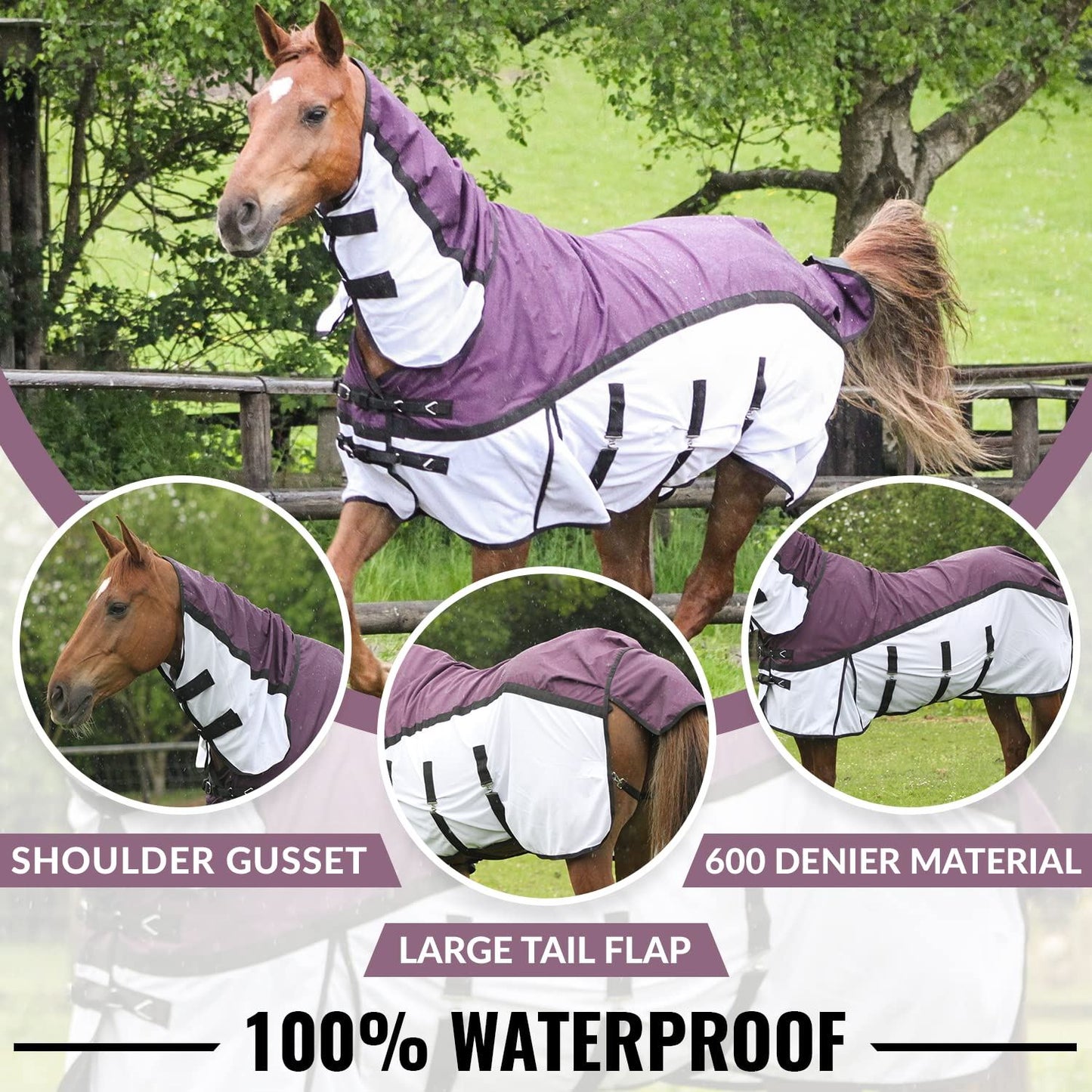 600D 2 in 1 Lightweight Waterproof Fly Turnout Mesh Horse Rug Fixed Neck Burgundy/White