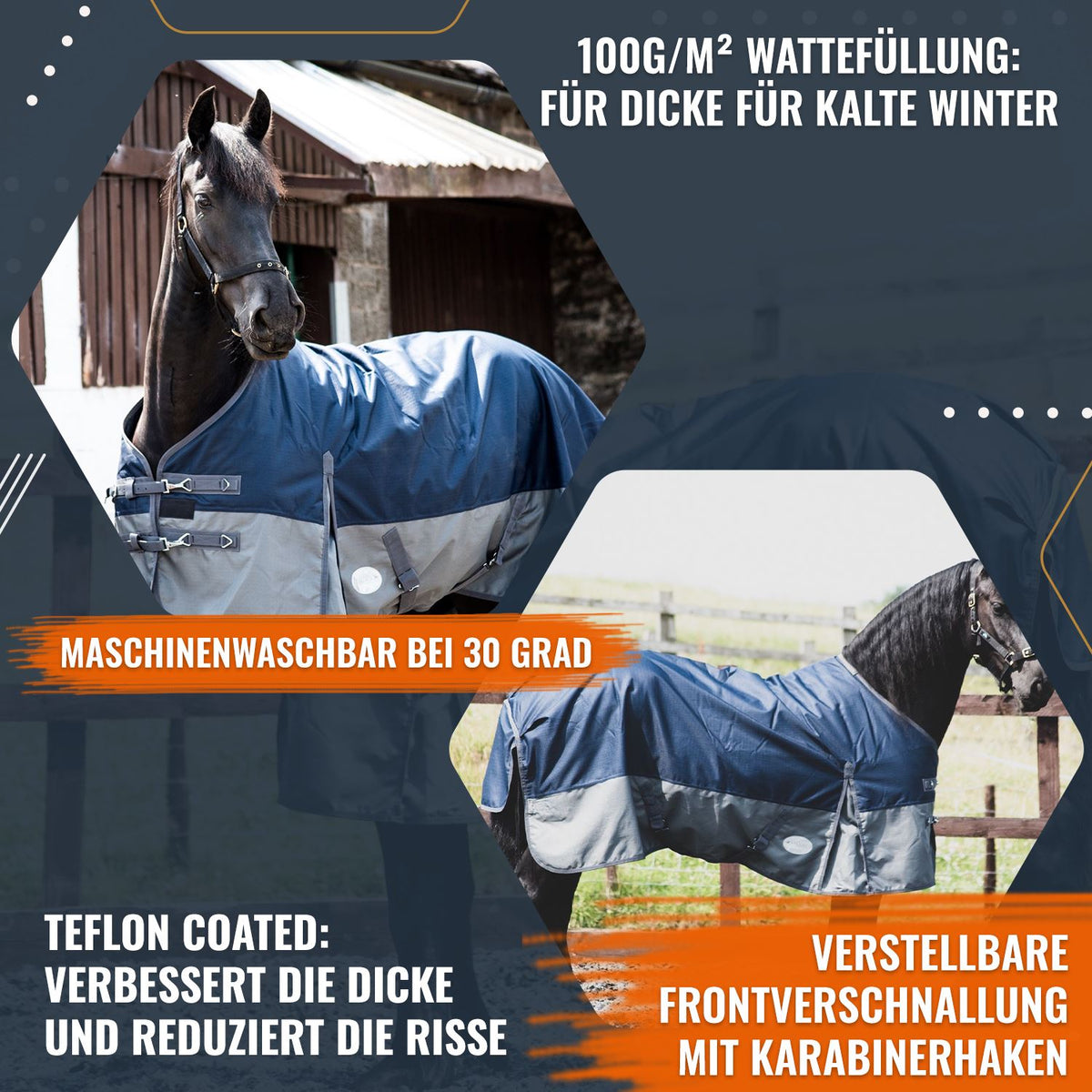 1200D Mediumweight Wasserdichte Pferdedecke 100g Füllung Standardhals Marine/Grau