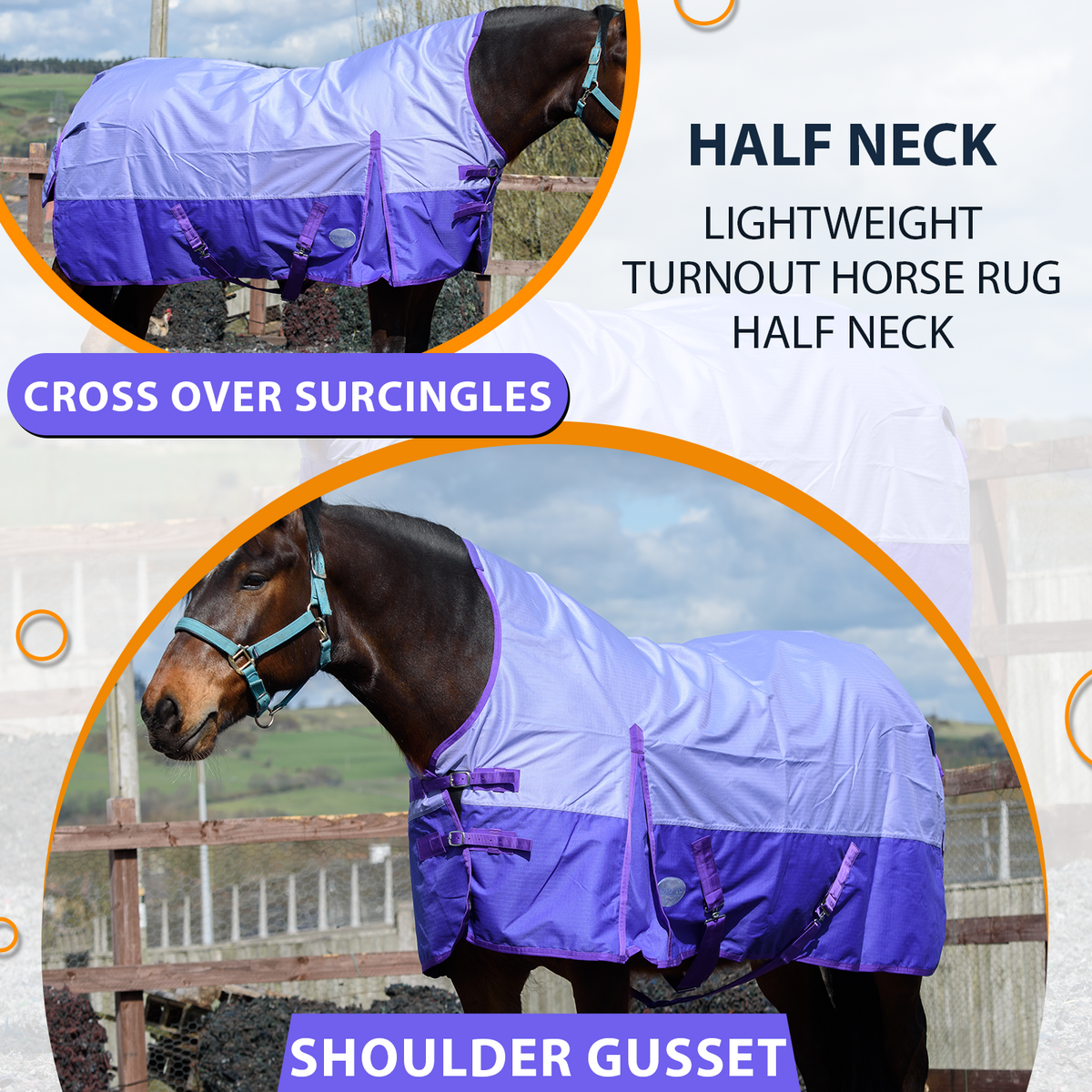 600D Lightweight Waterproof Horse Turnout Rug 0g No Fill Half Neck Lavender/Purple