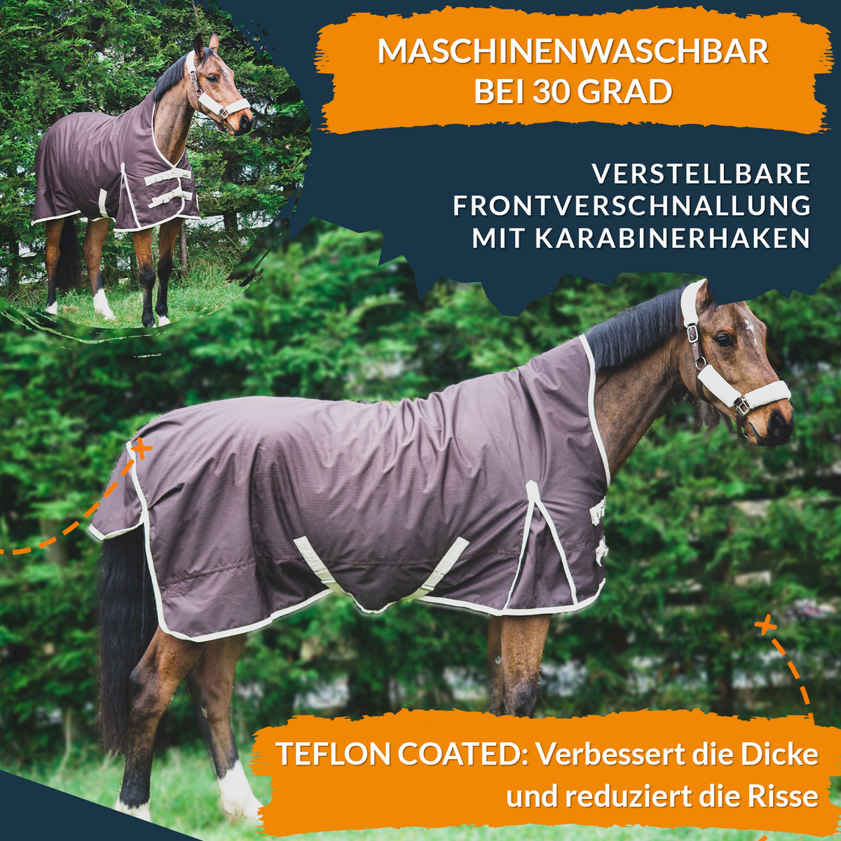 600D Mediumweight Waterproof Horse Turnout Rug 100g Fill Half Neck Brown