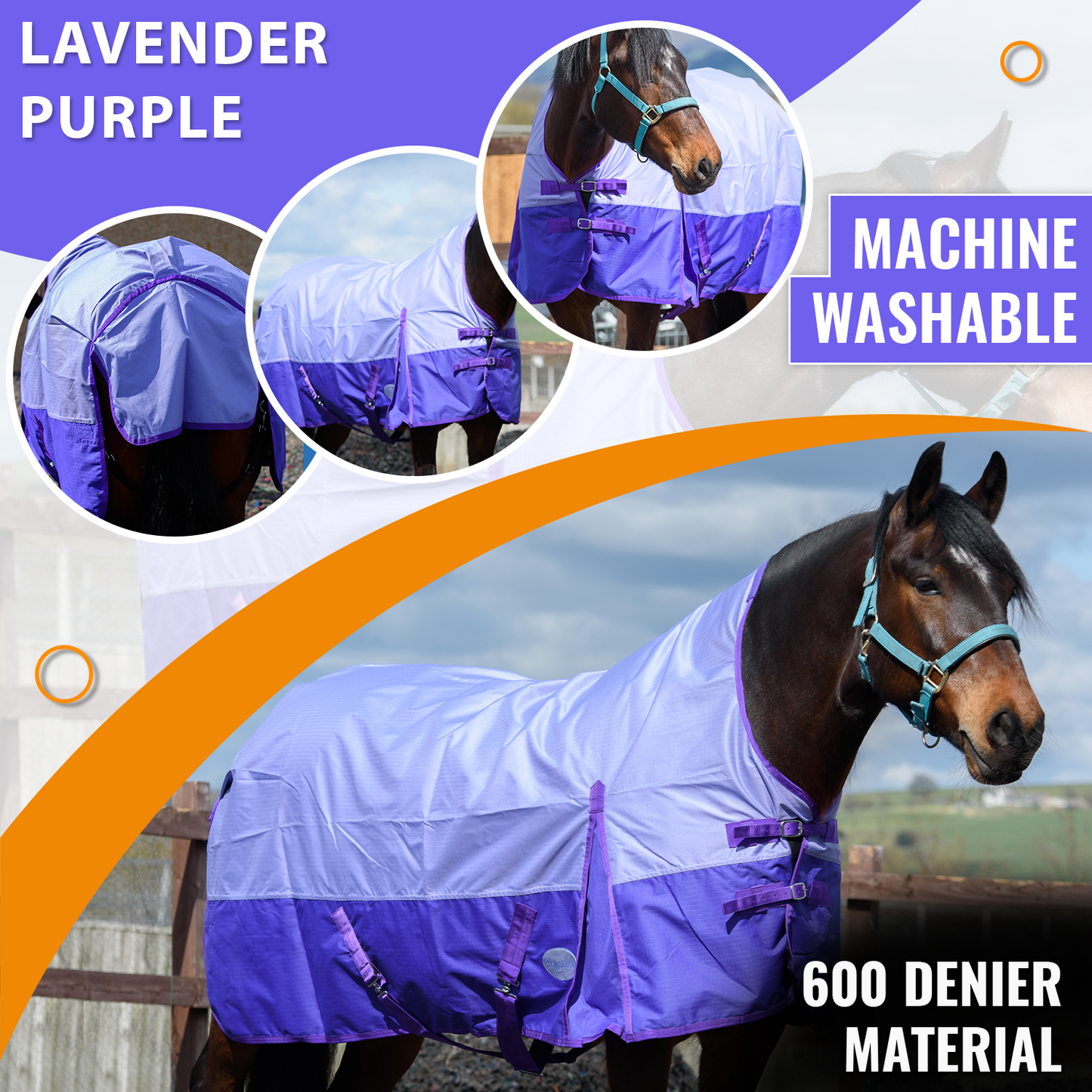 600D Lightweight Waterproof Horse Turnout Rug 0g No Fill Half Neck Lavender/Purple
