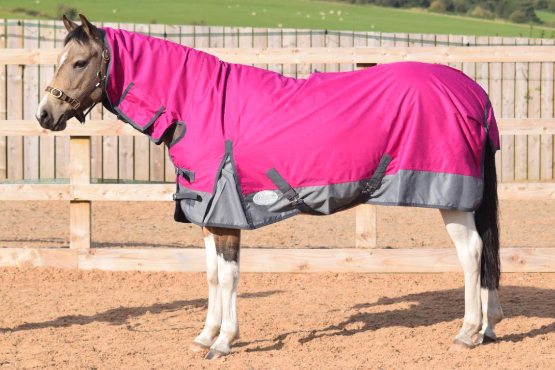 600D Mediumweight Waterproof Horse Turnout Rug 100g Fill Combo Full Neck Raspberry/Grey