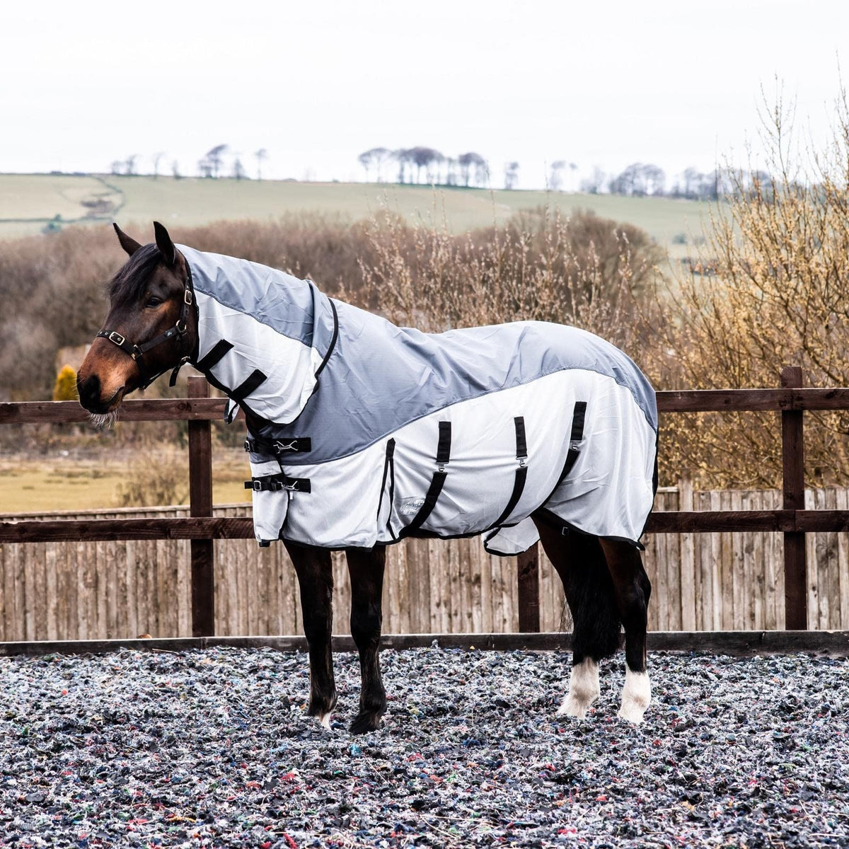 600D 2 in 1 Lightweight Waterproof Fly Turnout Mesh Horse Rug Fixed Neck Grey/Silver