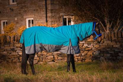 600D Mediumweight Waterproof Horse Turnout Rug 50g Fill Combo Full Neck Aqua/Dark Grey