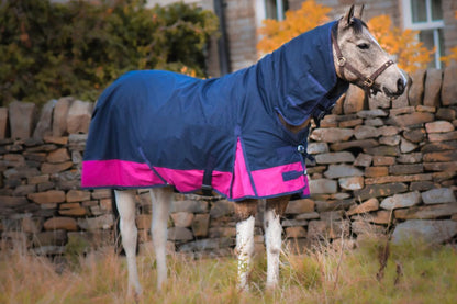 600D Mediumweight Waterproof Horse Turnout Rug 100g Fill Combo Full Neck Navy/Raspberry