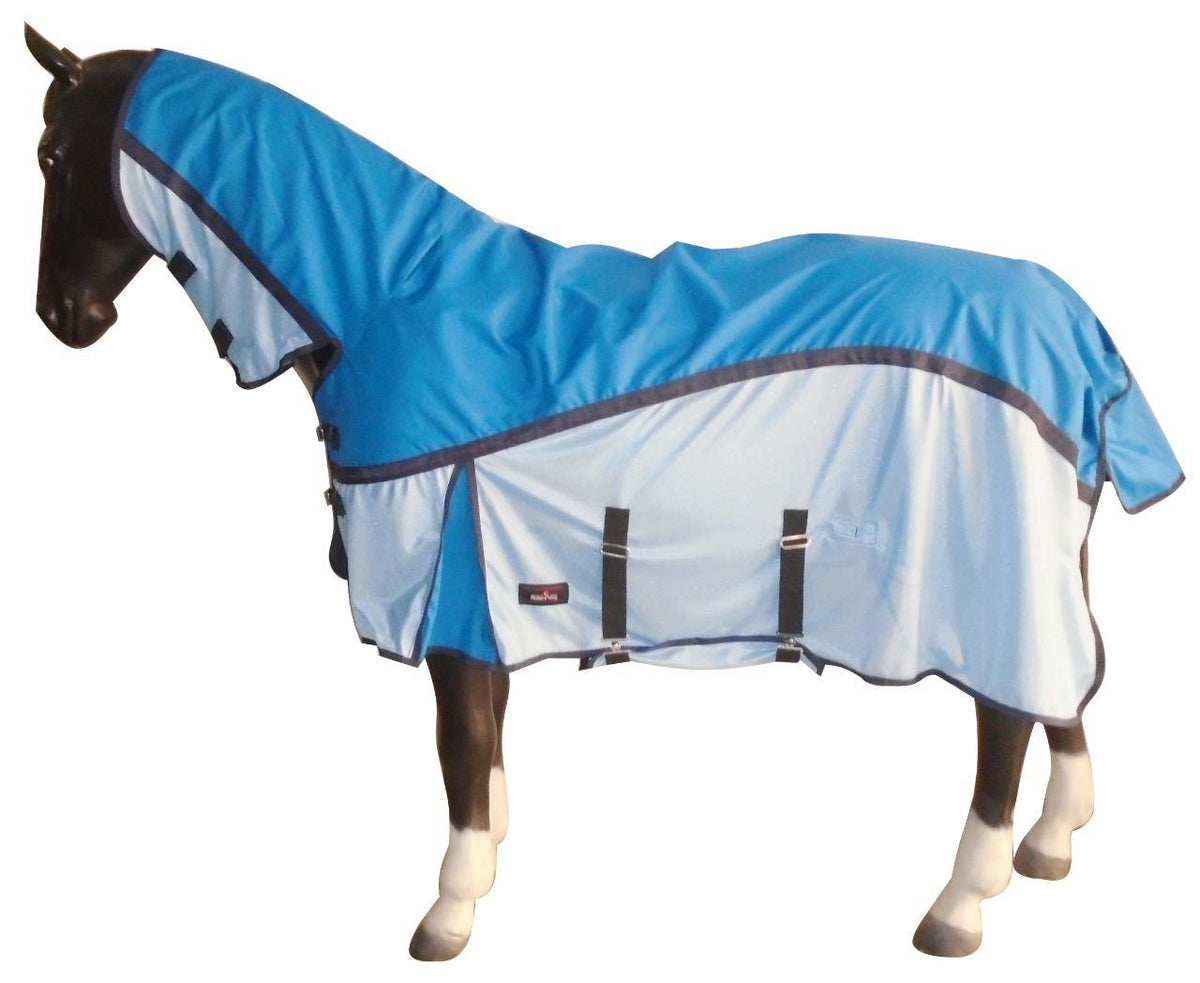 600D 2 in 1 Lightweight Waterproof Fly Turnout Mesh Horse Rug Fixed Neck Blue