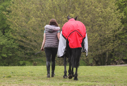 600D 2 in 1 Lightweight Waterproof Fly Turnout Mesh Horse Rug Fixed Neck Red/Grey