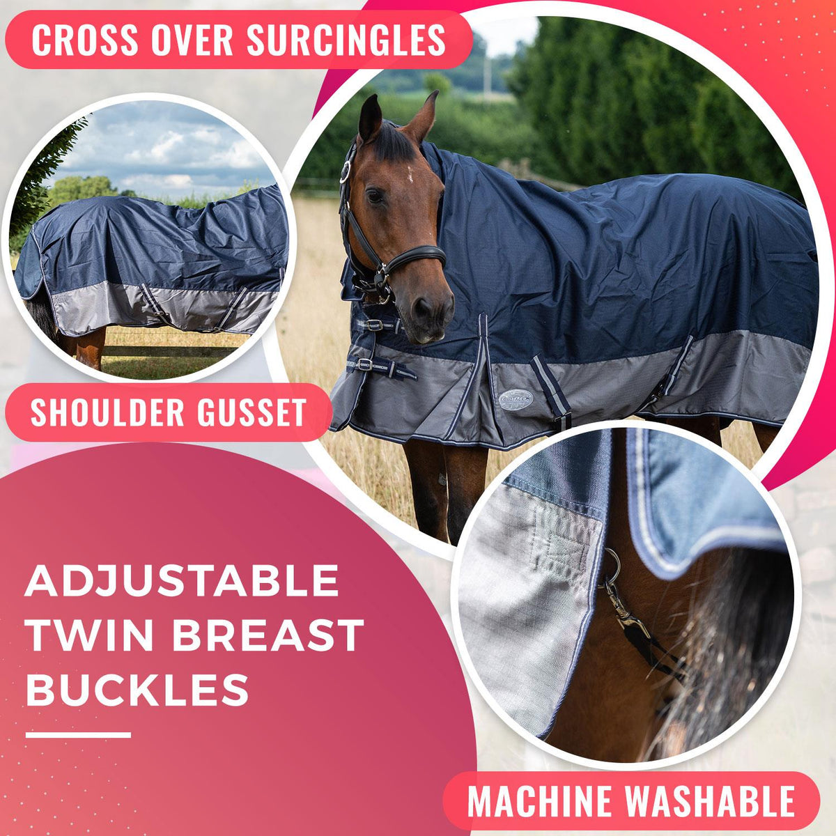 600D Mediumweight Waterproof Horse Turnout Rug 100g Fill Combo Full Neck Navy/Grey