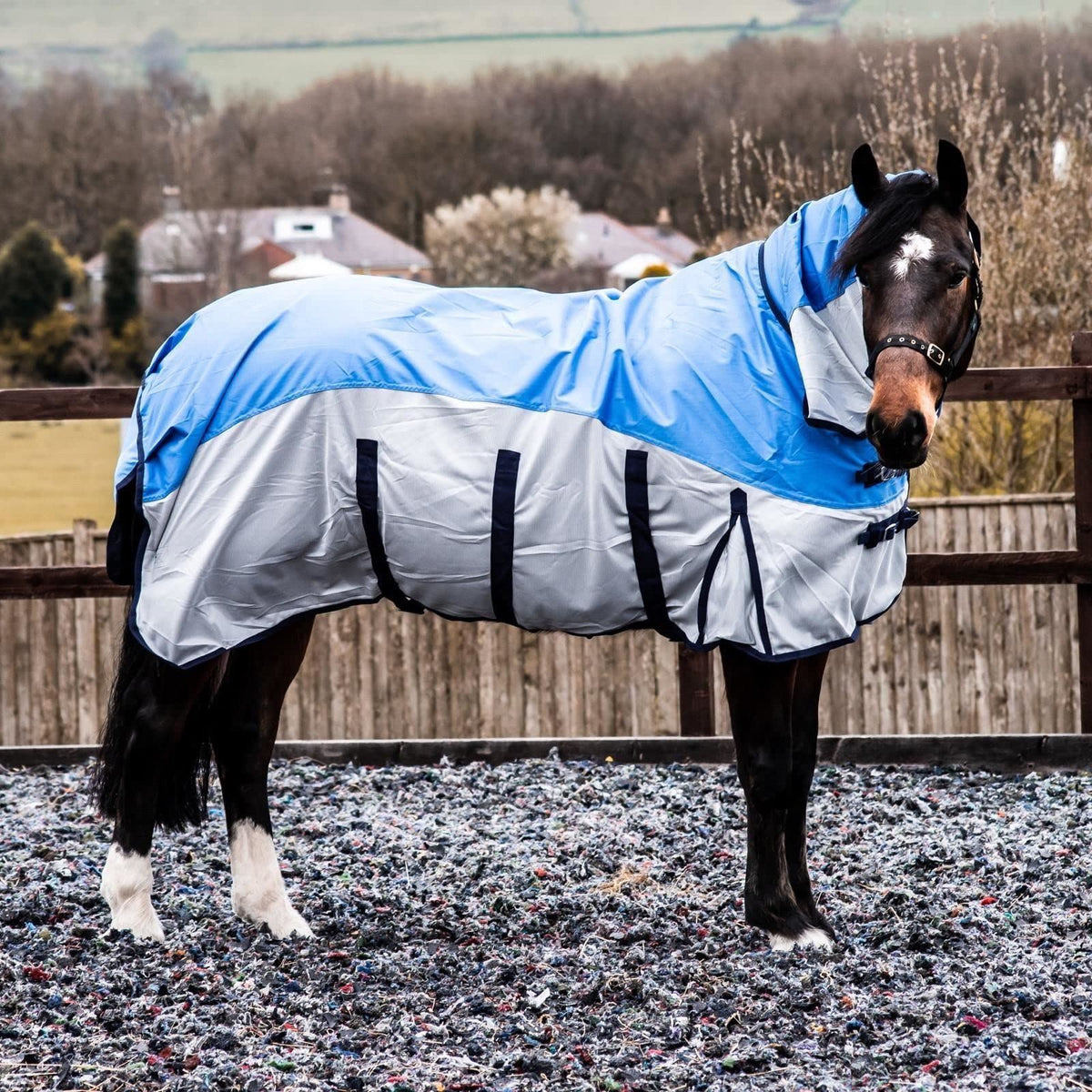 600D 2 in 1 Lightweight Waterproof Fly Turnout Mesh Horse Rug Fixed Neck Blue/Grey
