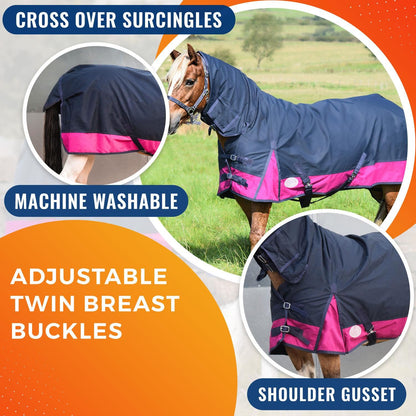 1200D Mediumweight Waterproof Horse Turnout Rug 50g Fill Combo Full Neck Navy/Raspberry