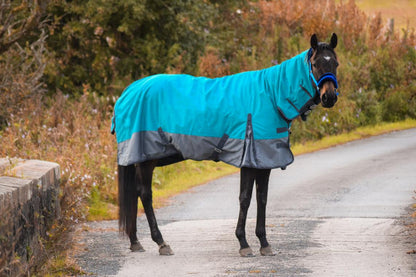 600D Mediumweight Waterproof Horse Turnout Rug 100g Fill Combo Full Neck Aqua/Dark Grey