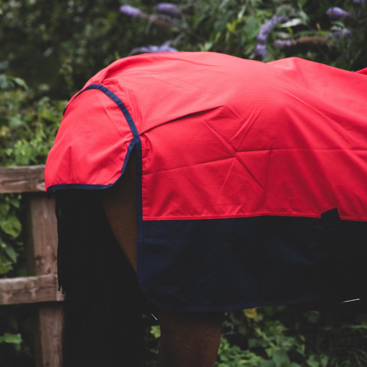 1200D Mediumweight Wasserdichte Pferde-Outdoordecke 100g Füllung Halber Hals Rot/Schwarz