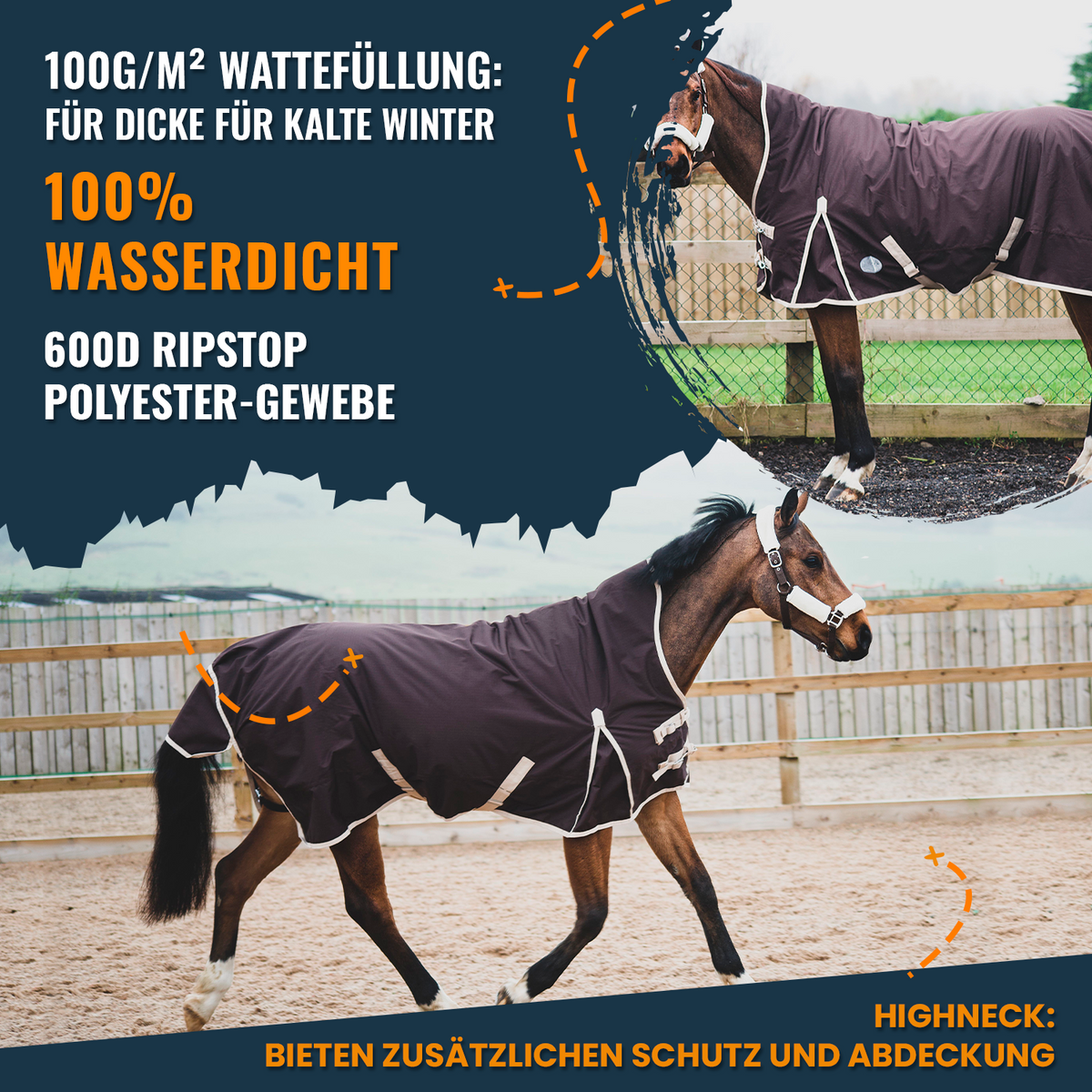 600D Mediumweight Waterproof Horse Turnout Rug 100g Fill Half Neck Brown