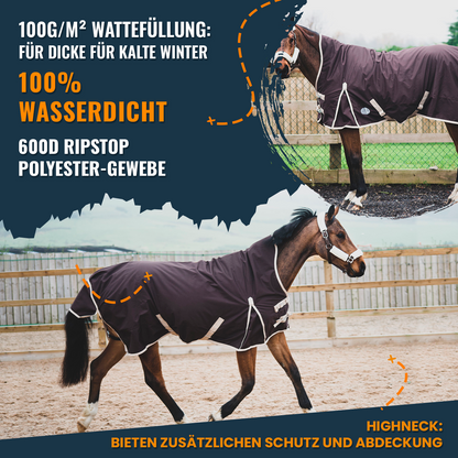 600D Mediumweight Waterproof Horse Turnout Rug 100g Fill Half Neck Brown