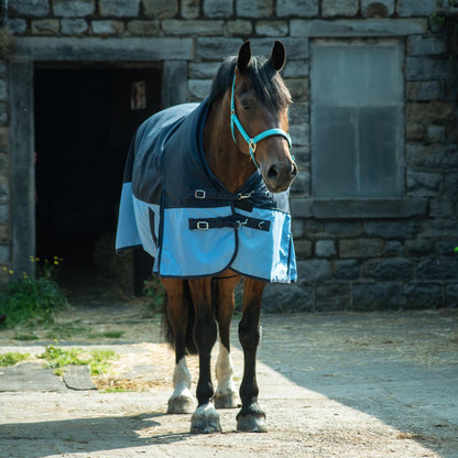 600D Lightweight Waterproof Horse Turnout Rug 0g No Fill Half Neck Navy/Baby Blue