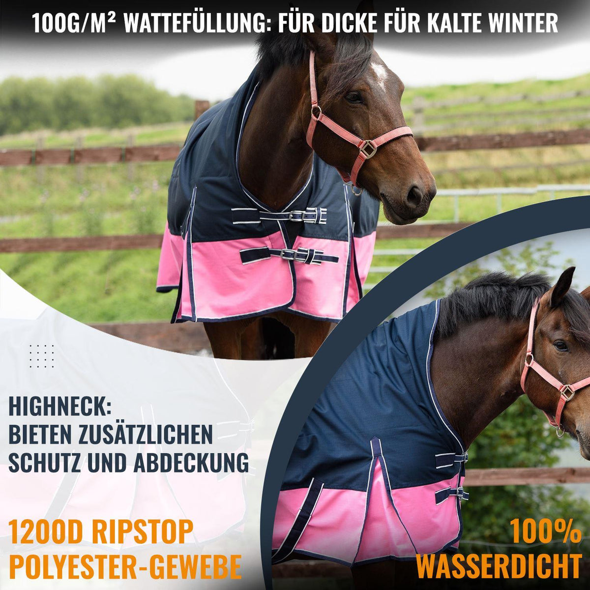 1200D Mediumweight Waterproof Horse Turnout Rug 100g Fill Half Neck Navy/Pink
