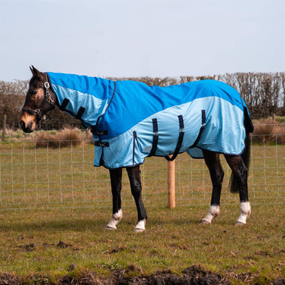 600D 2 in 1 Lightweight Waterproof Fly Turnout Mesh Horse Rug Fixed Neck Blue/Light Blue