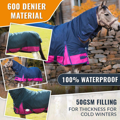 600D Mediumweight Waterproof Horse Turnout Rug 50g Fill Combo Full Neck Navy/Raspberry