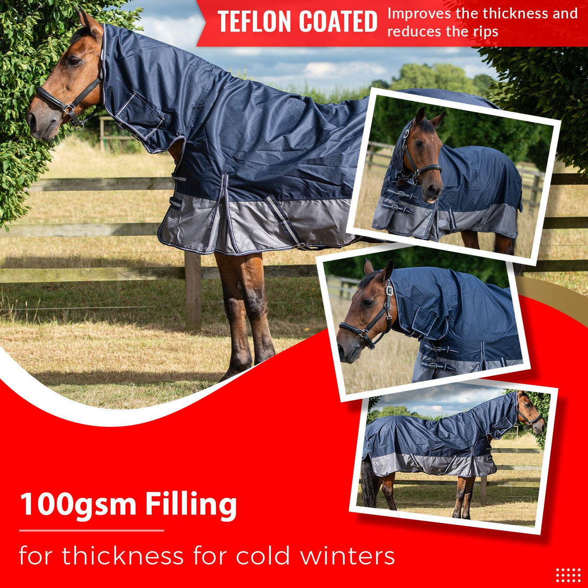 600D Mediumweight Waterproof Horse Turnout Rug 100g Fill Combo Full Neck Navy/Grey