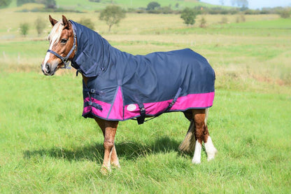 1200D Mediumweight Waterproof Horse Turnout Rug 50g Fill Combo Full Neck Navy/Raspberry